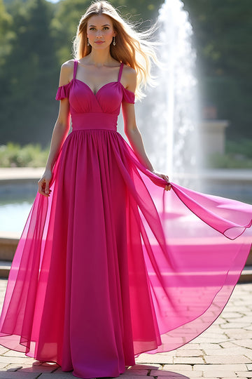 Fuchsia Cold Shoulder A Line Long Formal Dress